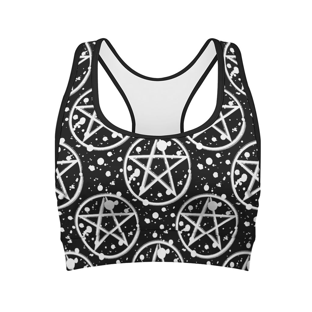 Black And White Wicca Pentagram Print Women's Sports Bra