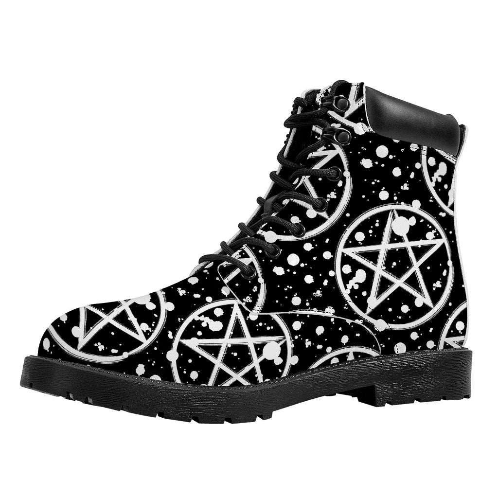 Black And White Wicca Pentagram Print Work Boots