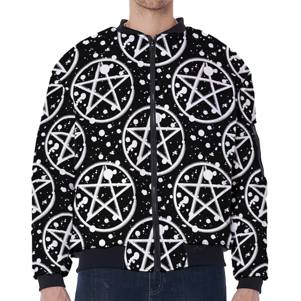 Black And White Wicca Pentagram Print Zip Sleeve Bomber Jacket