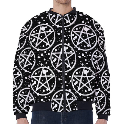 Black And White Wicca Pentagram Print Zip Sleeve Bomber Jacket
