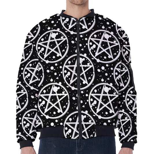 Black And White Wicca Pentagram Print Zip Sleeve Bomber Jacket