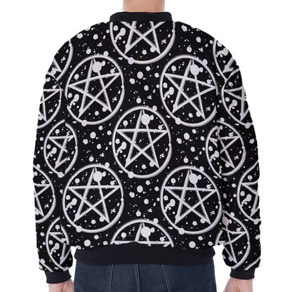 Black And White Wicca Pentagram Print Zip Sleeve Bomber Jacket