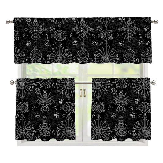 Black And White Wiccan Mystic Print 3 Piece Kitchen Curtains
