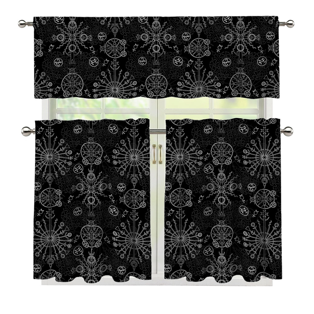 Black And White Wiccan Mystic Print 3 Piece Kitchen Curtains