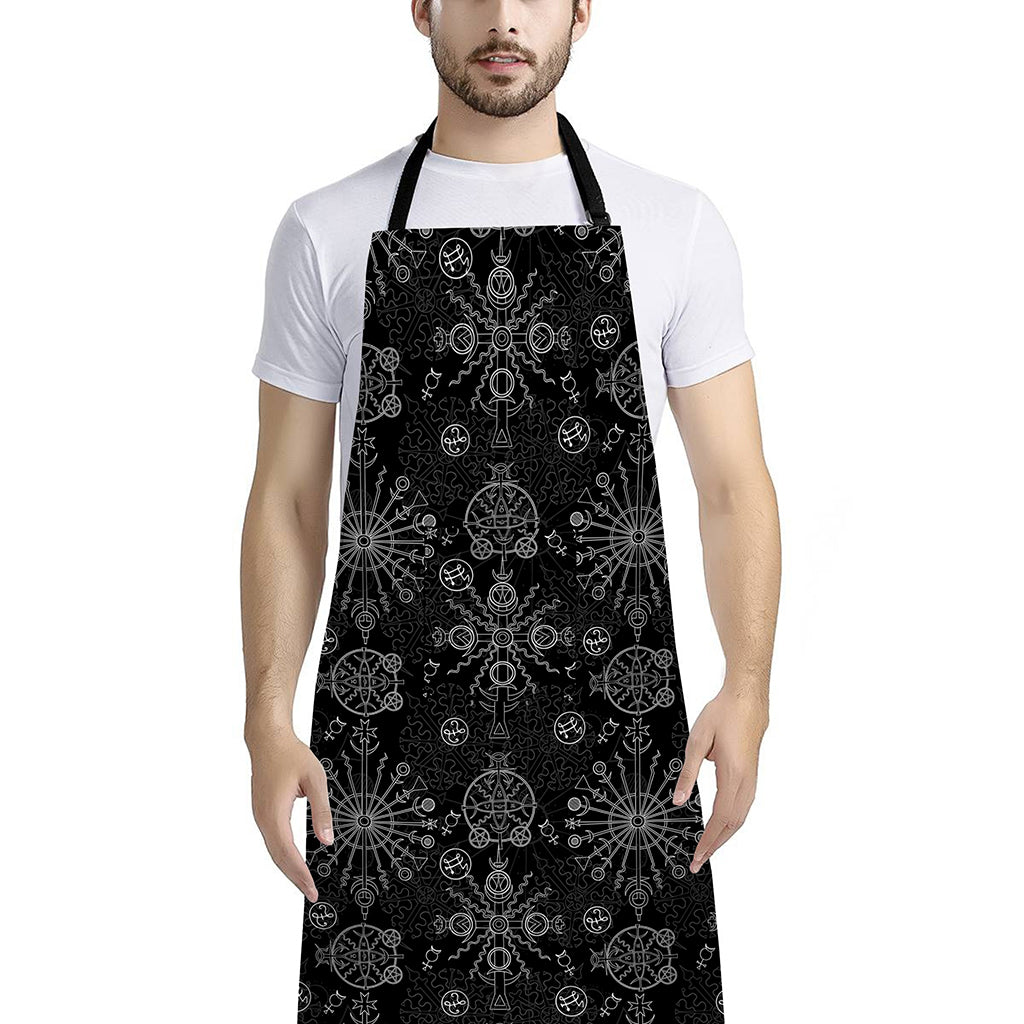 Black And White Wiccan Mystic Print Bib Apron With Pocket