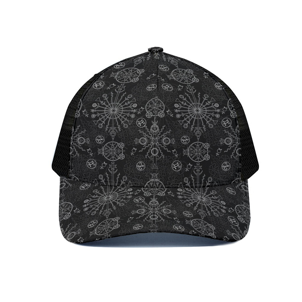 Black And White Wiccan Mystic Print Black Mesh Trucker Cap