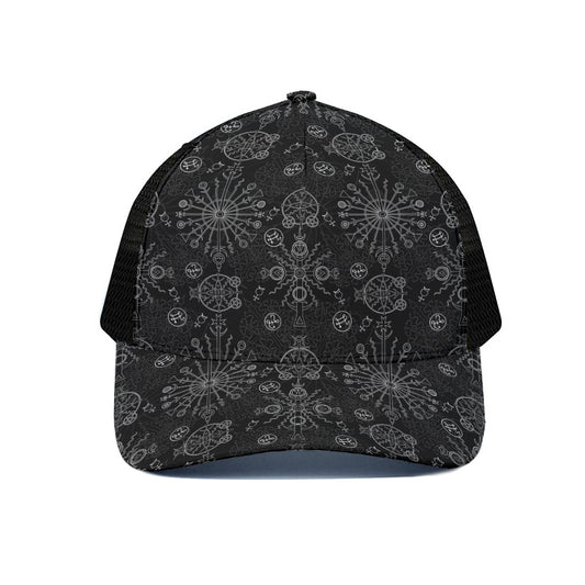Black And White Wiccan Mystic Print Black Mesh Trucker Cap