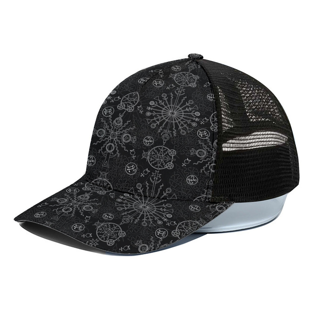 Black And White Wiccan Mystic Print Black Mesh Trucker Cap