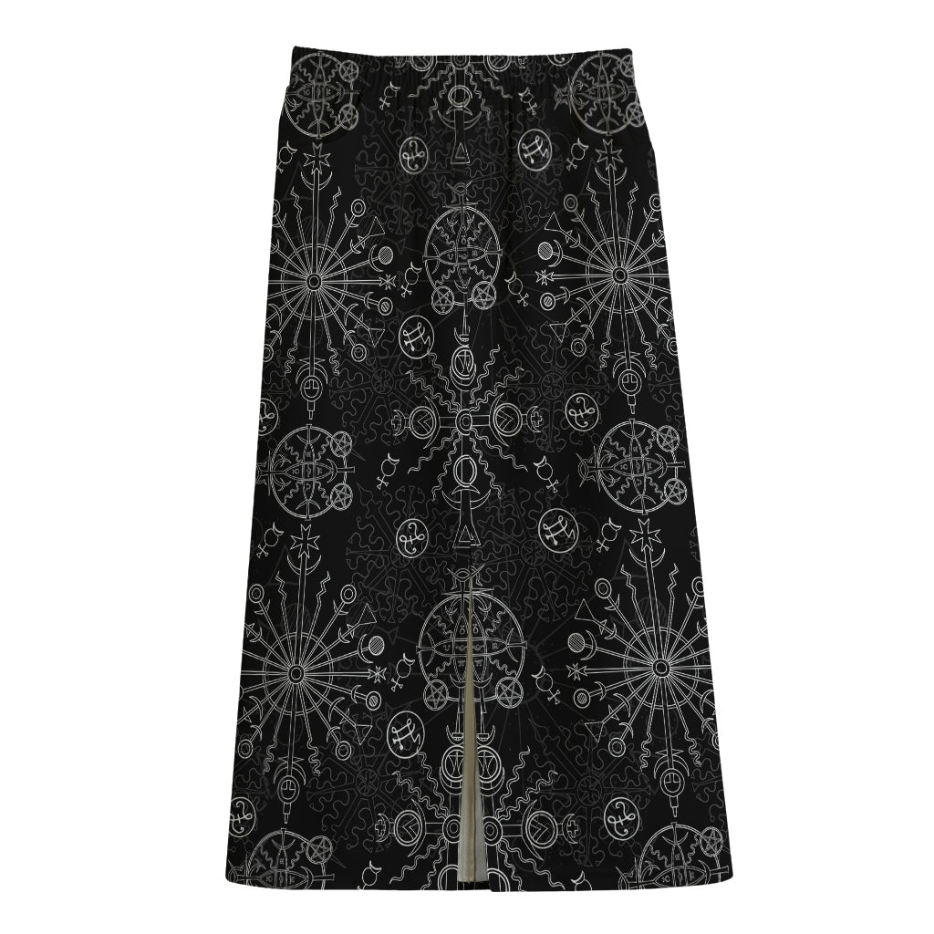 Black And White Wiccan Mystic Print Cotton Front Slit Maxi Skirt