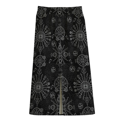 Black And White Wiccan Mystic Print Cotton Front Slit Maxi Skirt