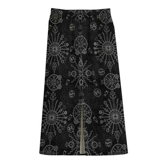 Black And White Wiccan Mystic Print Cotton Front Slit Maxi Skirt