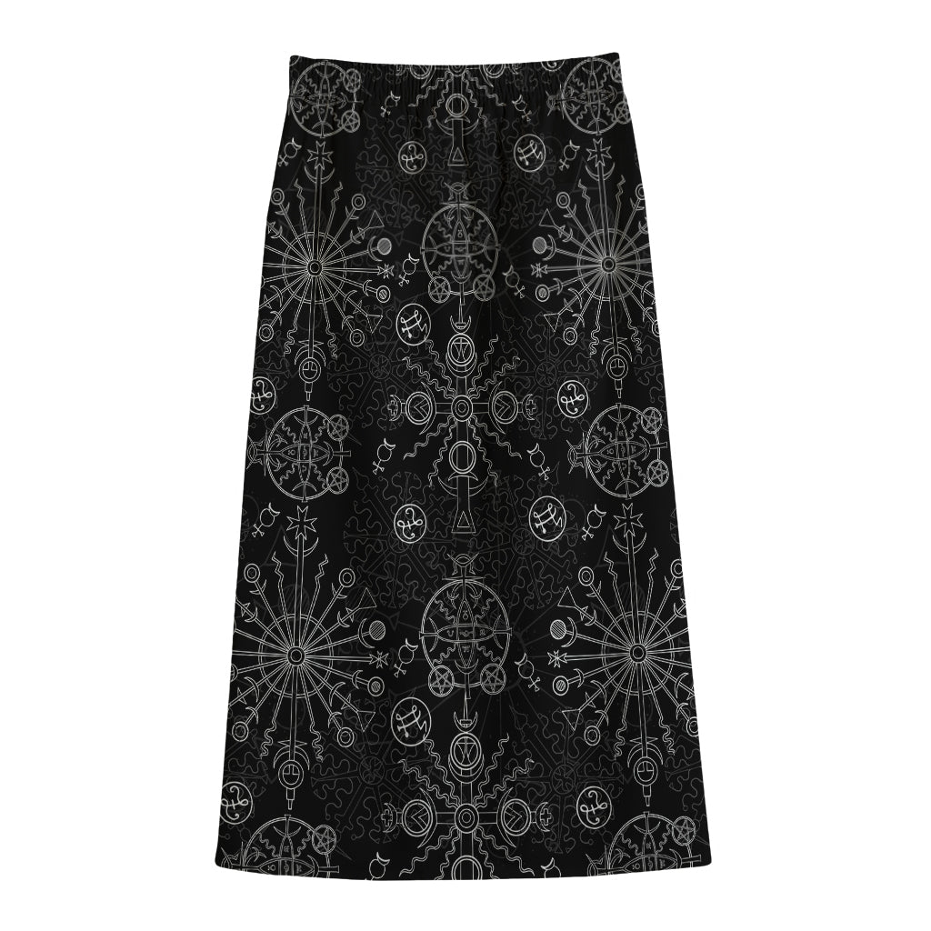 Black And White Wiccan Mystic Print Cotton Front Slit Maxi Skirt