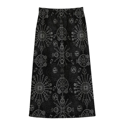 Black And White Wiccan Mystic Print Cotton Front Slit Maxi Skirt