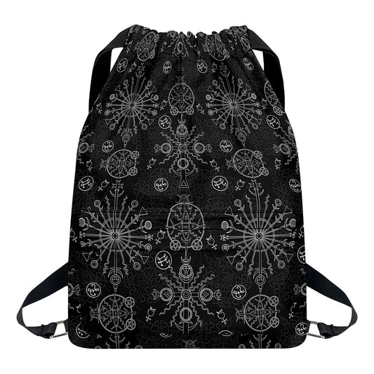 Black And White Wiccan Mystic Print Drawstring Backpack