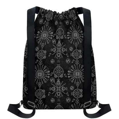 Black And White Wiccan Mystic Print Drawstring Backpack