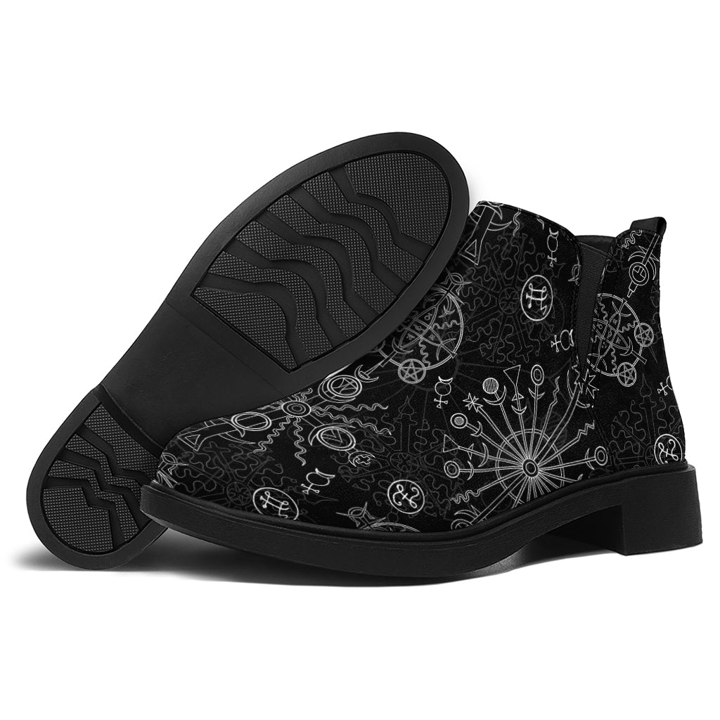 Black And White Wiccan Mystic Print Flat Ankle Boots