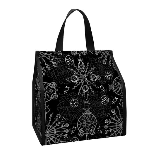 Black And White Wiccan Mystic Print Insulated Lunch Tote