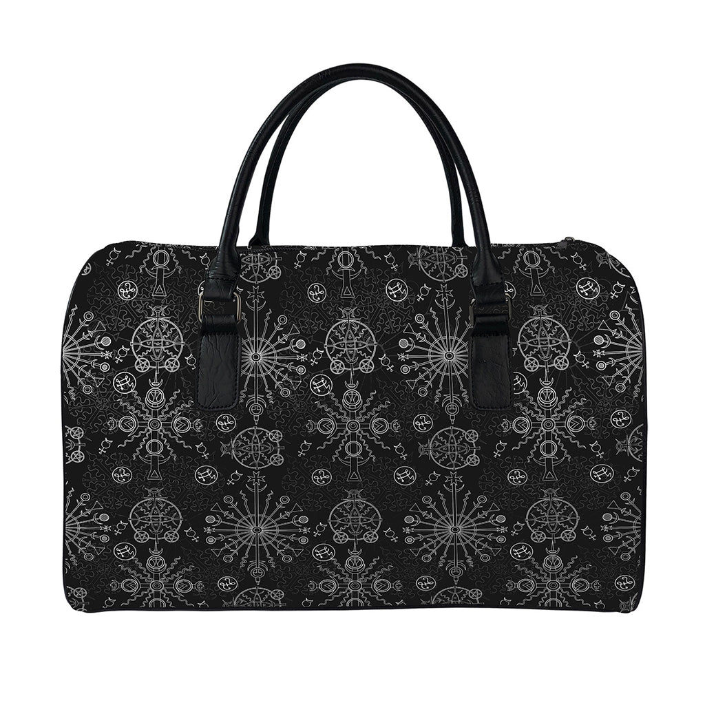 Black And White Wiccan Mystic Print Leather Duffle Bag