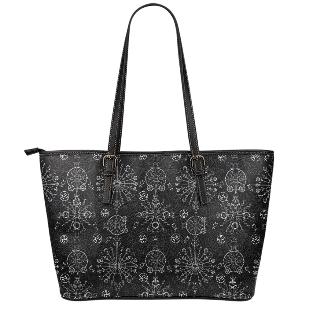 Black And White Wiccan Mystic Print Leather Tote Bag
