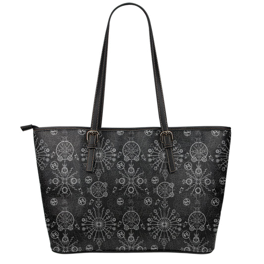 Black And White Wiccan Mystic Print Leather Tote Bag