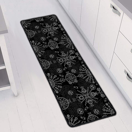 Black And White Wiccan Mystic Print Long Kitchen Mat