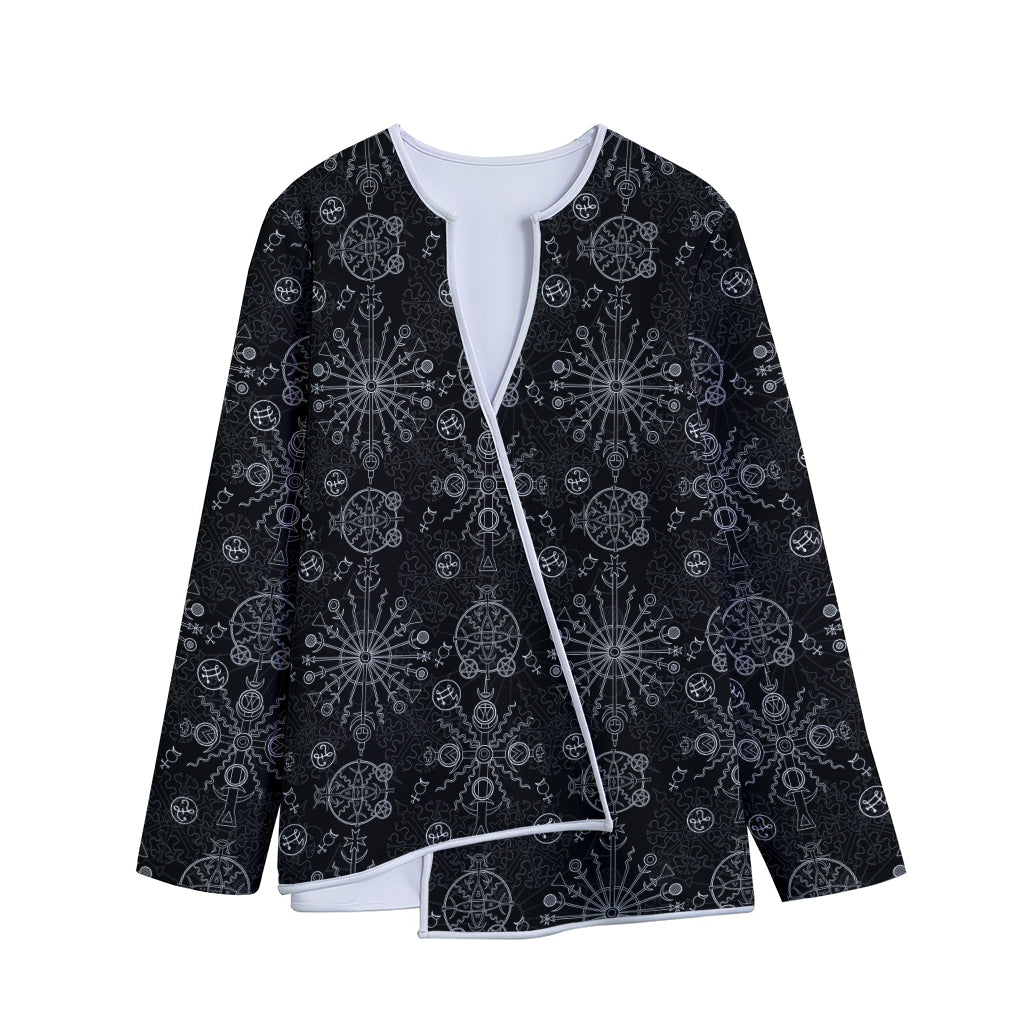 Black And White Wiccan Mystic Print Long Sleeve Short Coat