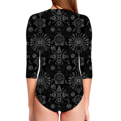Black And White Wiccan Mystic Print Long Sleeve Swimsuit
