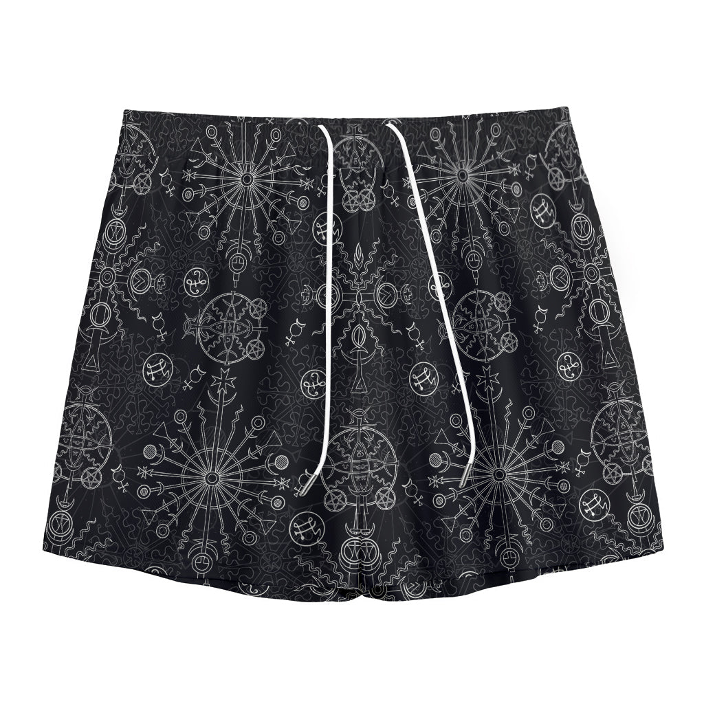 Black And White Wiccan Mystic Print Mesh Shorts