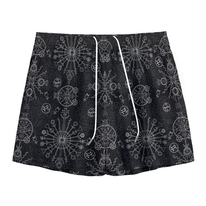 Black And White Wiccan Mystic Print Mesh Shorts