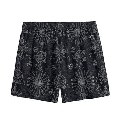 Black And White Wiccan Mystic Print Mesh Shorts