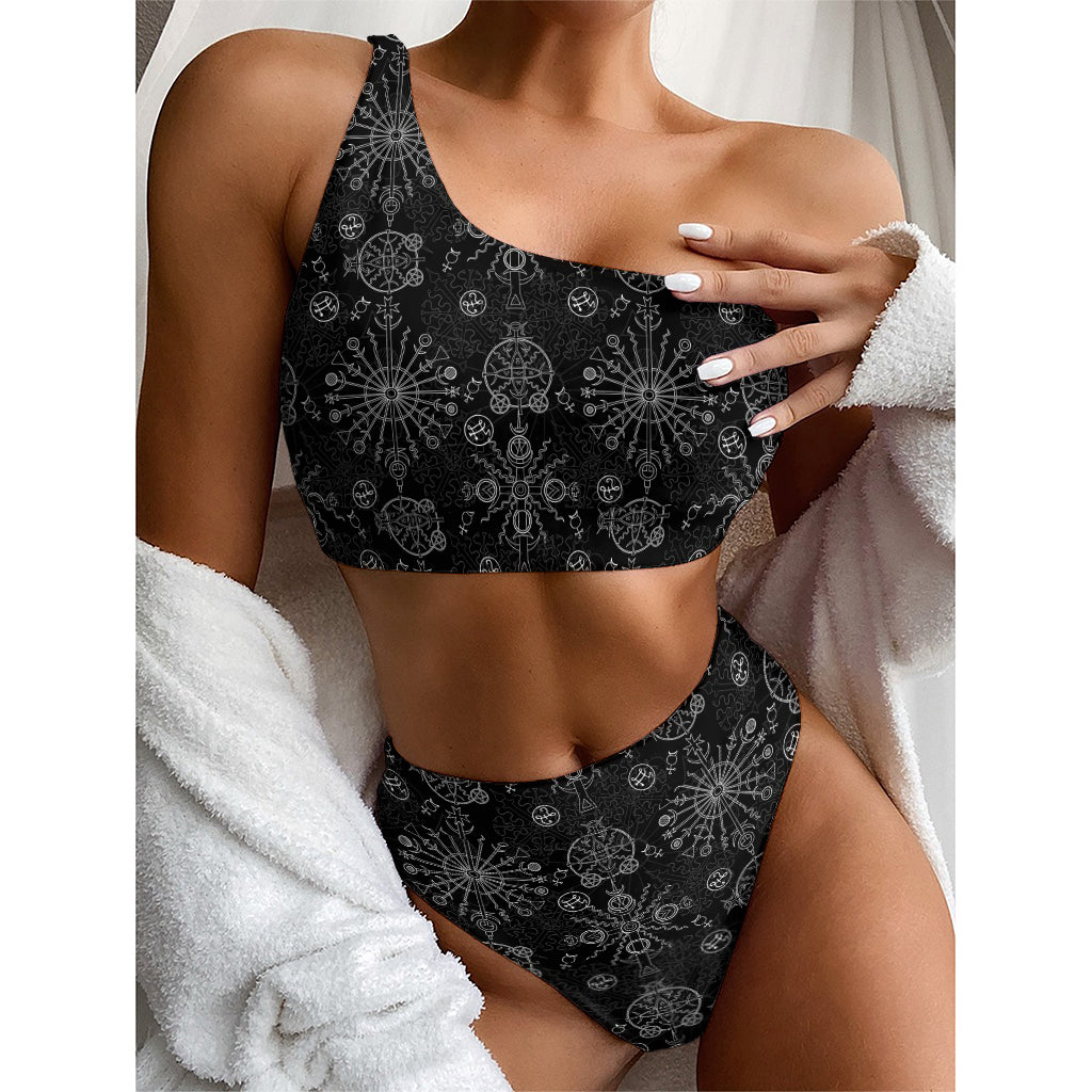 Black And White Wiccan Mystic Print One Shoulder Bikini Top