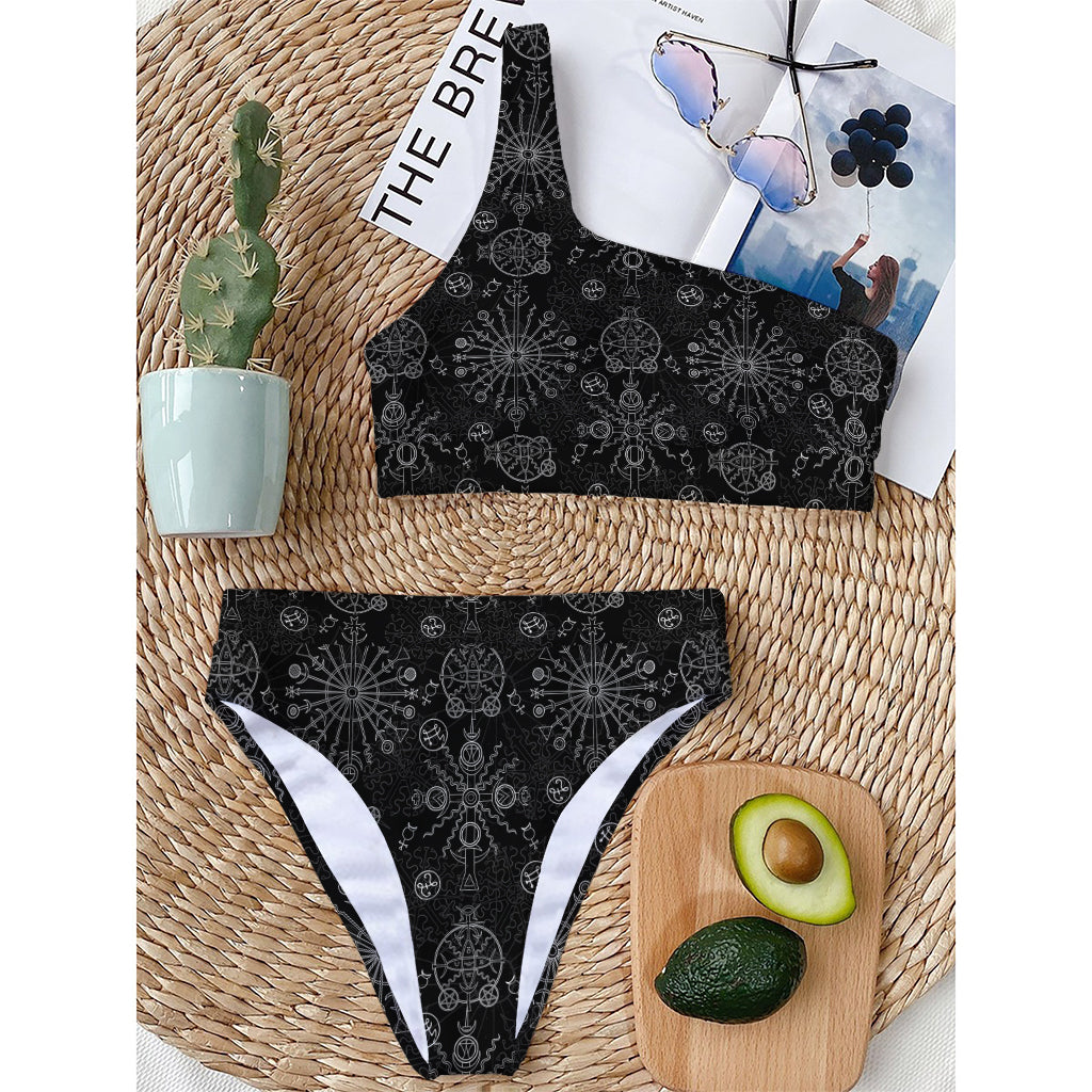 Black And White Wiccan Mystic Print One Shoulder Bikini Top
