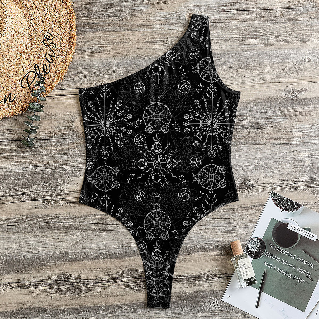 Black And White Wiccan Mystic Print One Shoulder Bodysuit