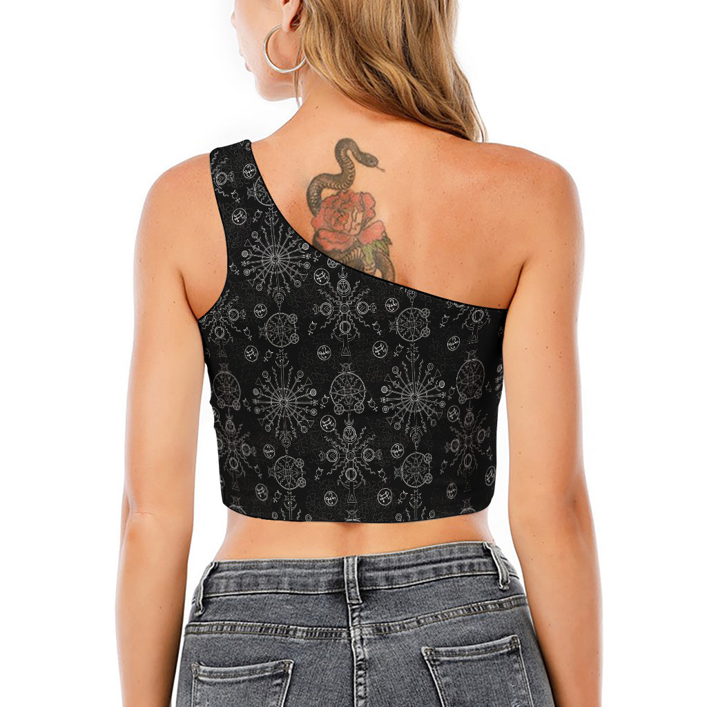 Black And White Wiccan Mystic Print One Shoulder Crop Top