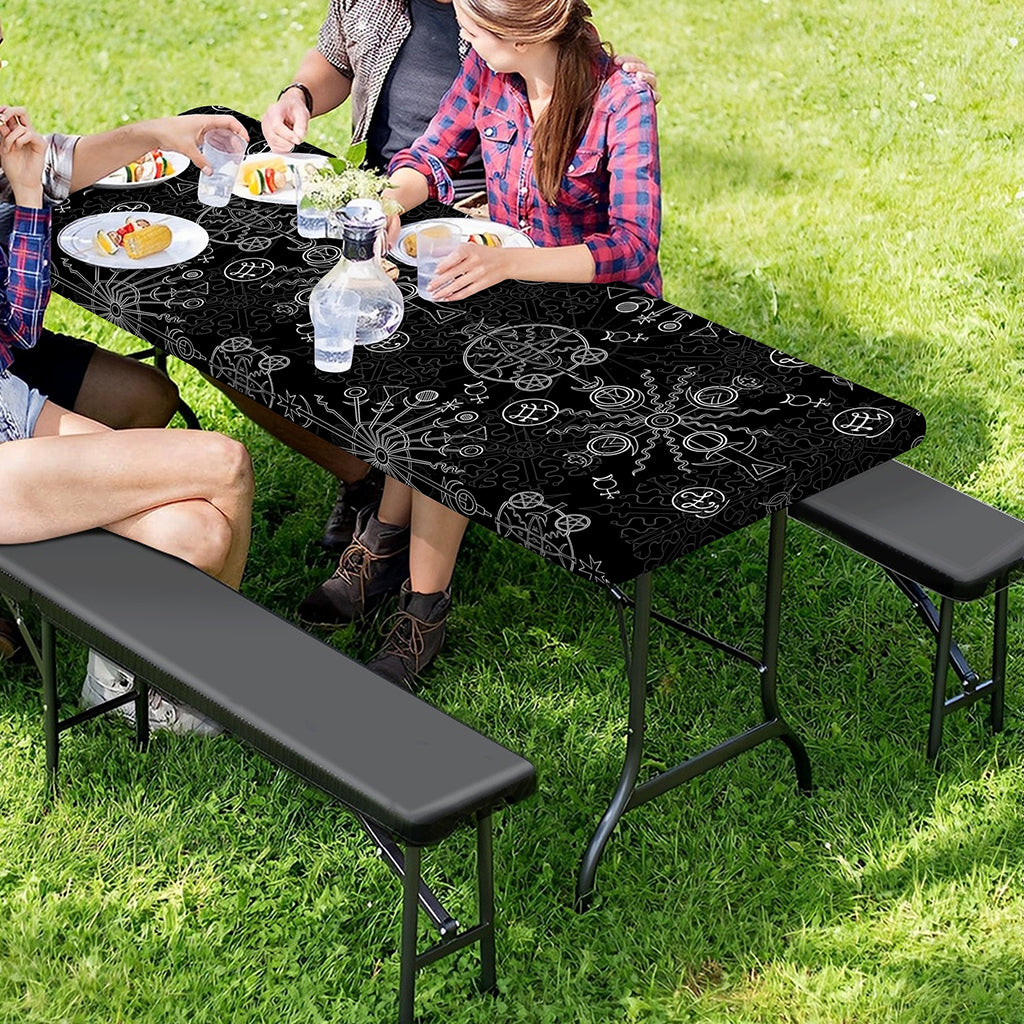 Black And White Wiccan Mystic Print Picnic Table Cover
