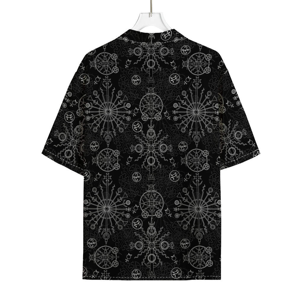 Black And White Wiccan Mystic Print Rayon Hawaiian Shirt
