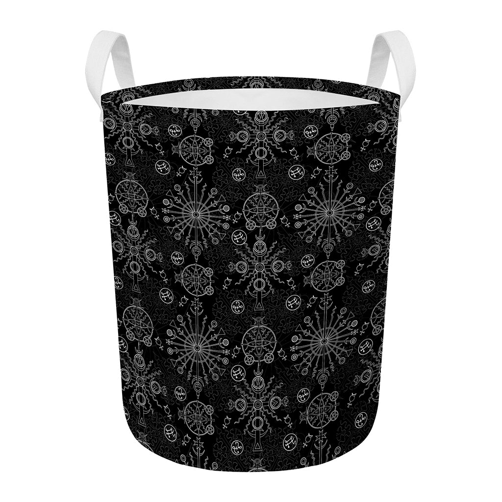 Black And White Wiccan Mystic Print Round Laundry Basket