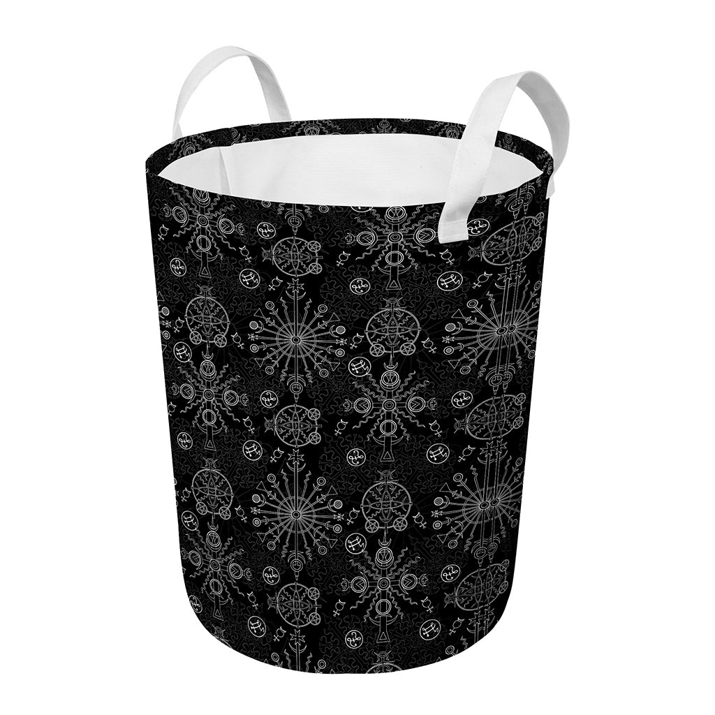 Black And White Wiccan Mystic Print Round Laundry Basket