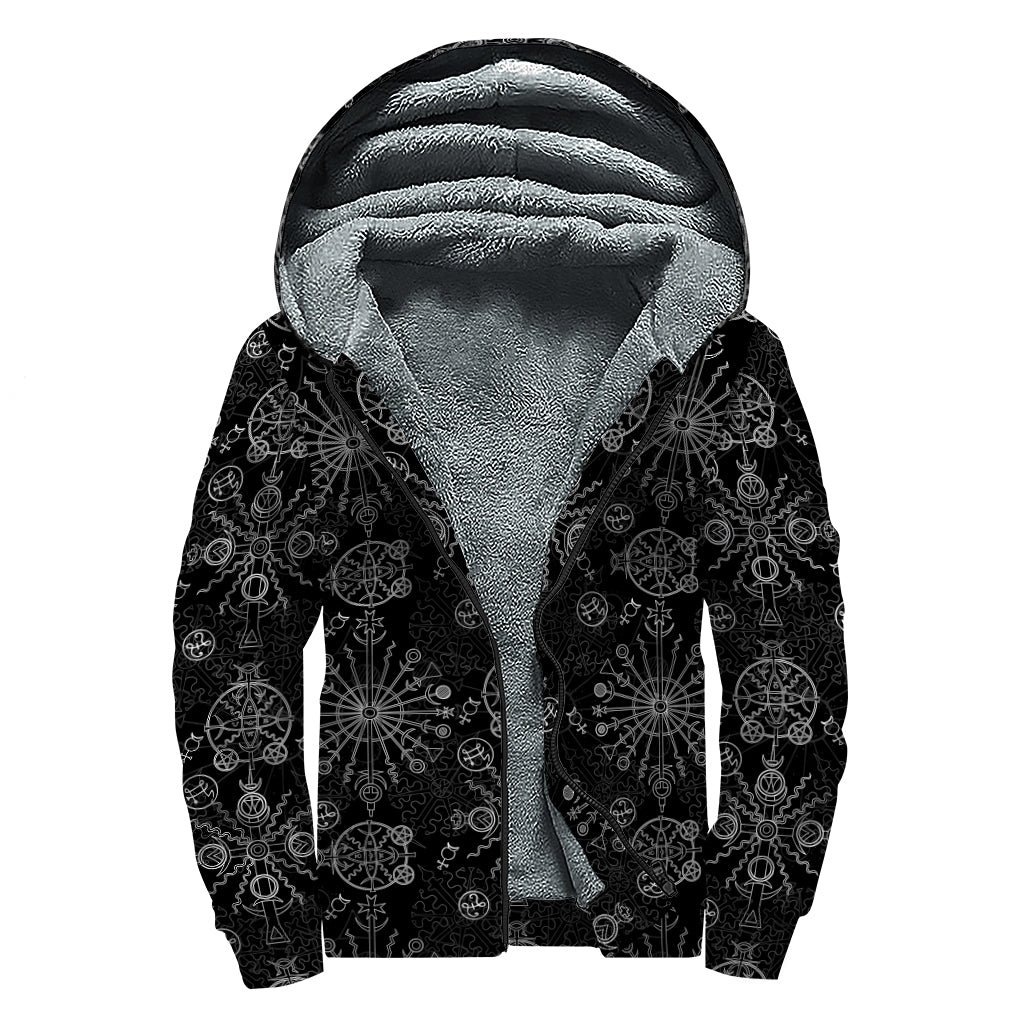 Black And White Wiccan Mystic Print Sherpa Lined Zip Up Hoodie
