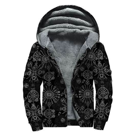 Black And White Wiccan Mystic Print Sherpa Lined Zip Up Hoodie