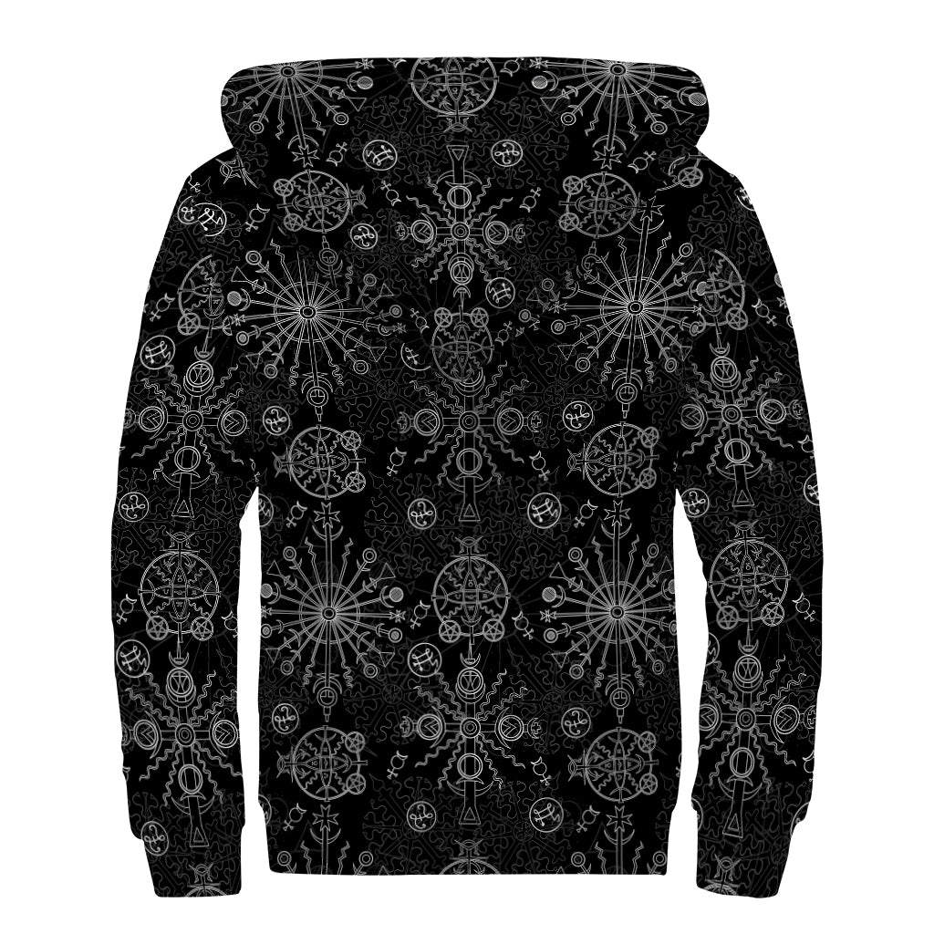 Black And White Wiccan Mystic Print Sherpa Lined Zip Up Hoodie