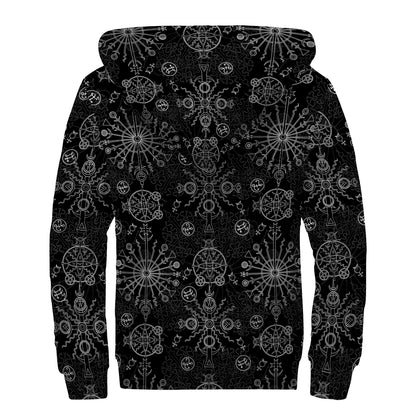 Black And White Wiccan Mystic Print Sherpa Lined Zip Up Hoodie