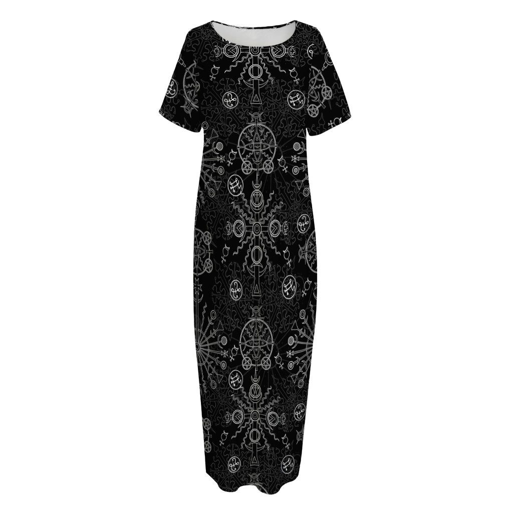 Black And White Wiccan Mystic Print Short Sleeve Long Nightdress