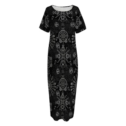 Black And White Wiccan Mystic Print Short Sleeve Long Nightdress