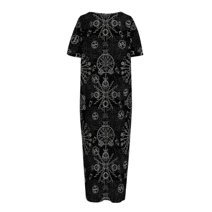 Black And White Wiccan Mystic Print Short Sleeve Long Nightdress