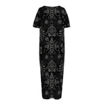 Black And White Wiccan Mystic Print Short Sleeve Long Nightdress