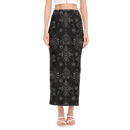 Black And White Wiccan Mystic Print Side Slit Maxi Skirt