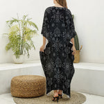 Black And White Wiccan Mystic Print Silk V-Neck Kaftan Dress