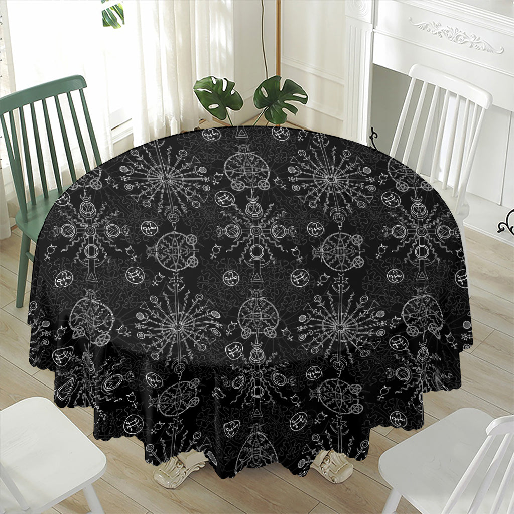 Black And White Wiccan Mystic Print Waterproof Round Tablecloth
