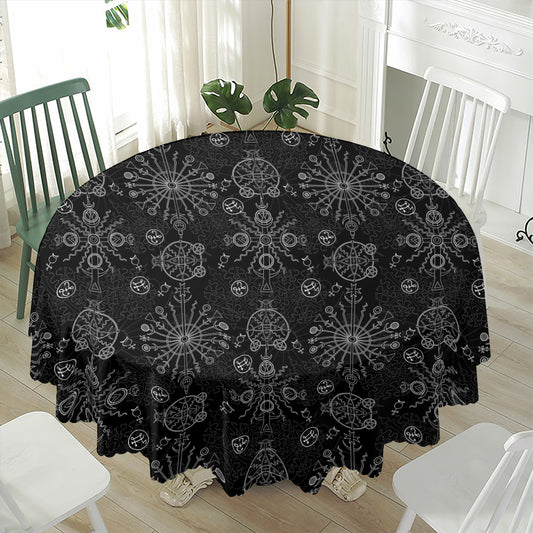 Black And White Wiccan Mystic Print Waterproof Round Tablecloth